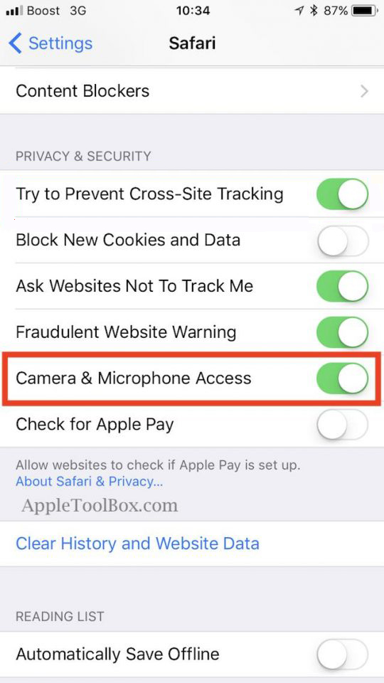 Enable/ disable the microphone in the settings of Safari browser
