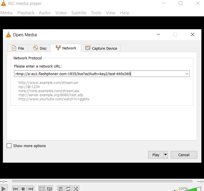Dynamic CDN for Low Latency WebRTC Streaming with Stream Access Control Open stream with transcoding in VLC player