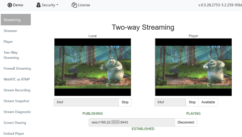 WebRTC streaming Digital Ocean Two-way Streaming Example in action