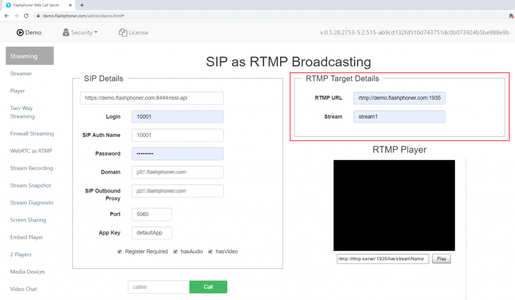 RTMP Target Details SIP RTMP WCS Stream Player