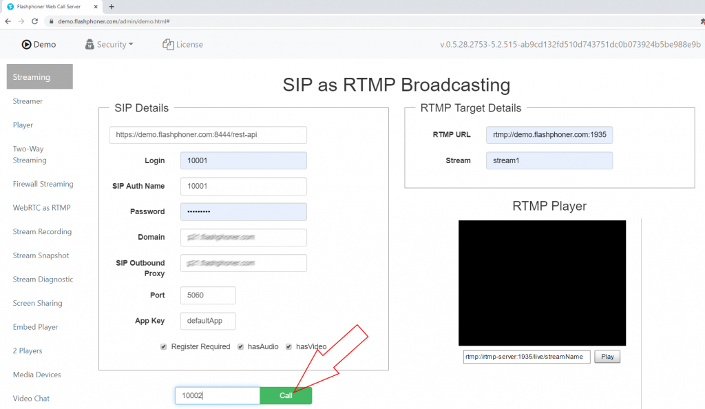 call SIP as RTMP WCS Stream player browser