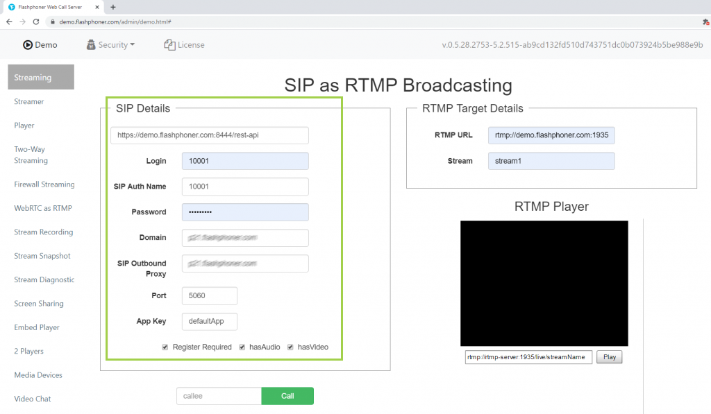 connect to sip SIP RTMP WCS Stream Player