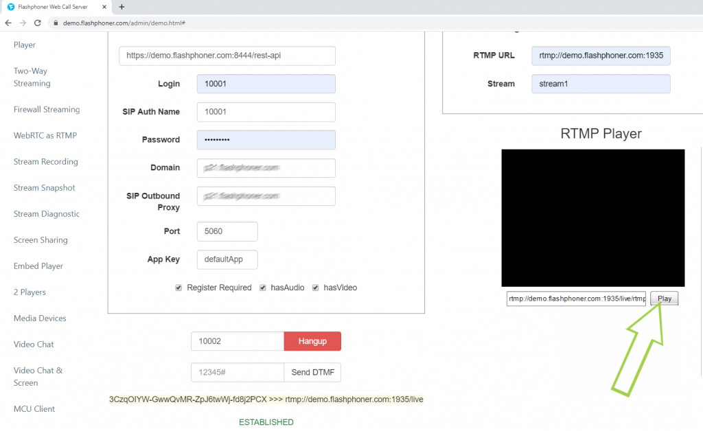 play video call SIP as RTMP WCS Stream player browser