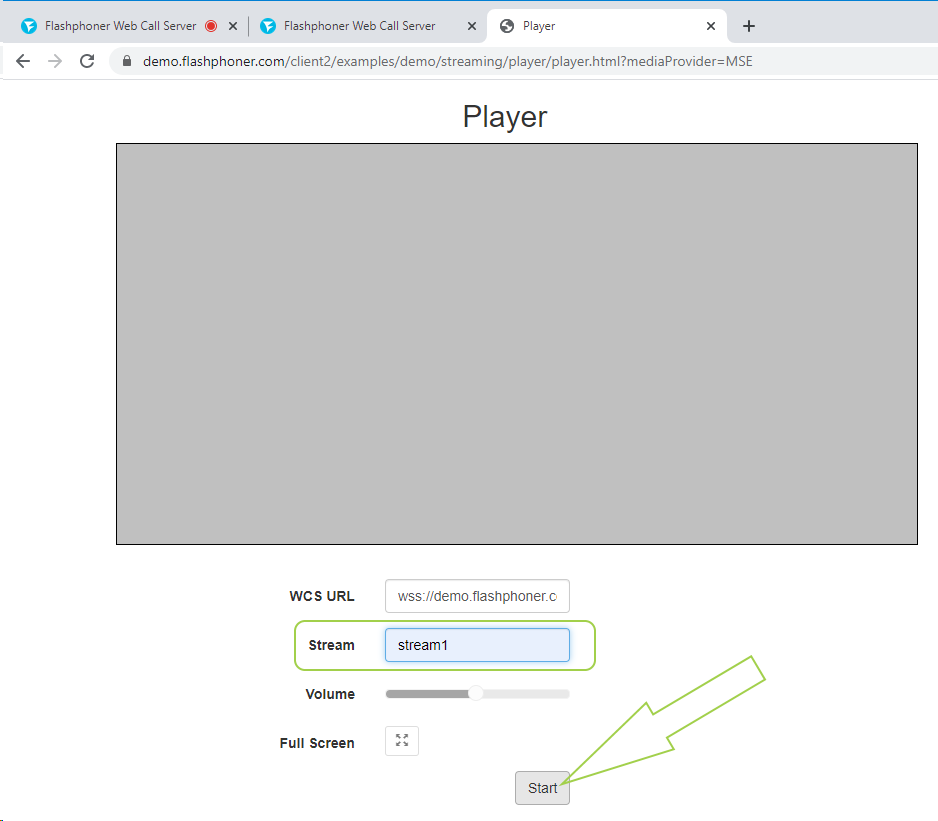 start playing MSE Player WCS WebRTC Websocket browser