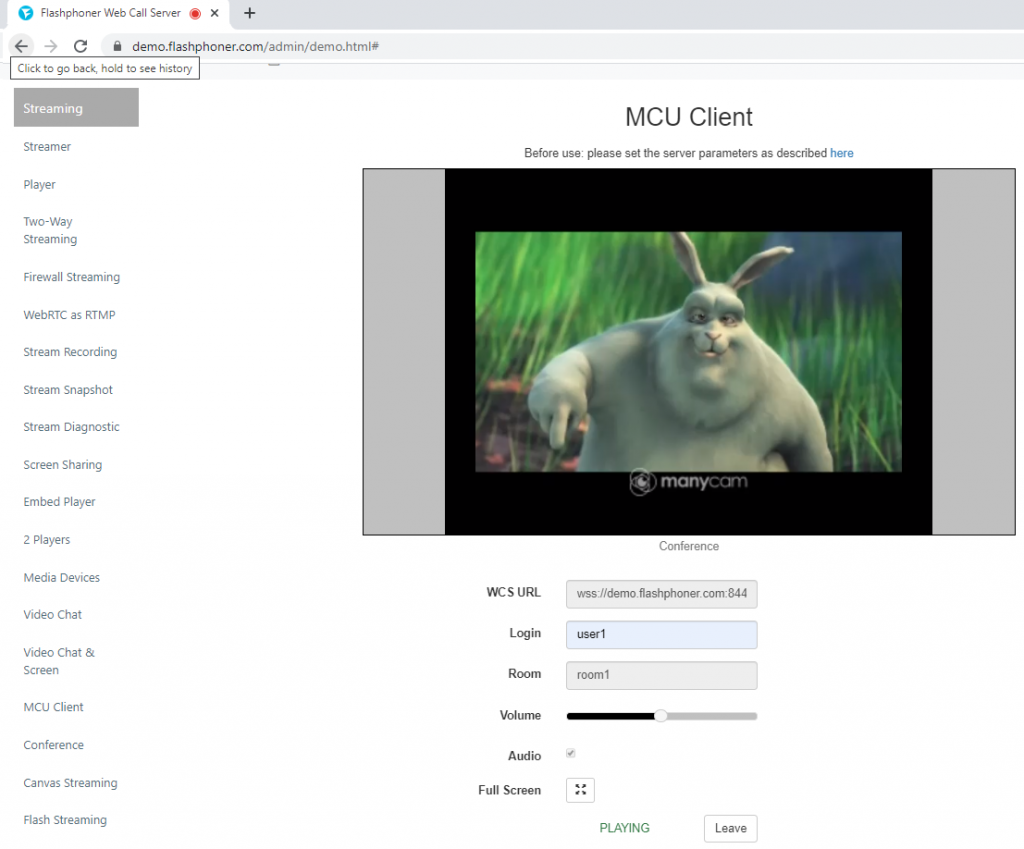stream participant1 WCS WebRTC browser conference MCU realtime mixer