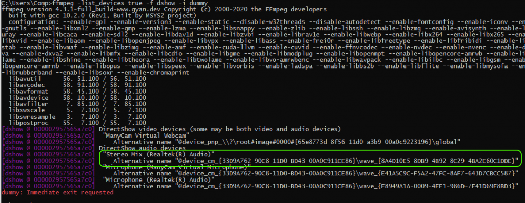 list_device_ffmpeg_screensharing_WebRTC_RTMP_WCS_bitrate_codec_framerate_video_audio_stream